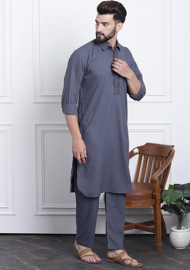 Grey Embroidered Poly Blend Kurta Set For Men