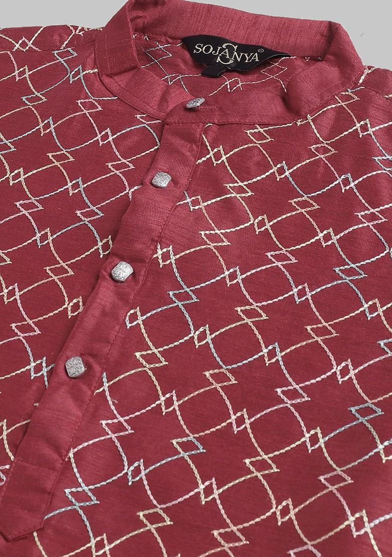 Maroon Thread Work Cotton Kurta Set For Men