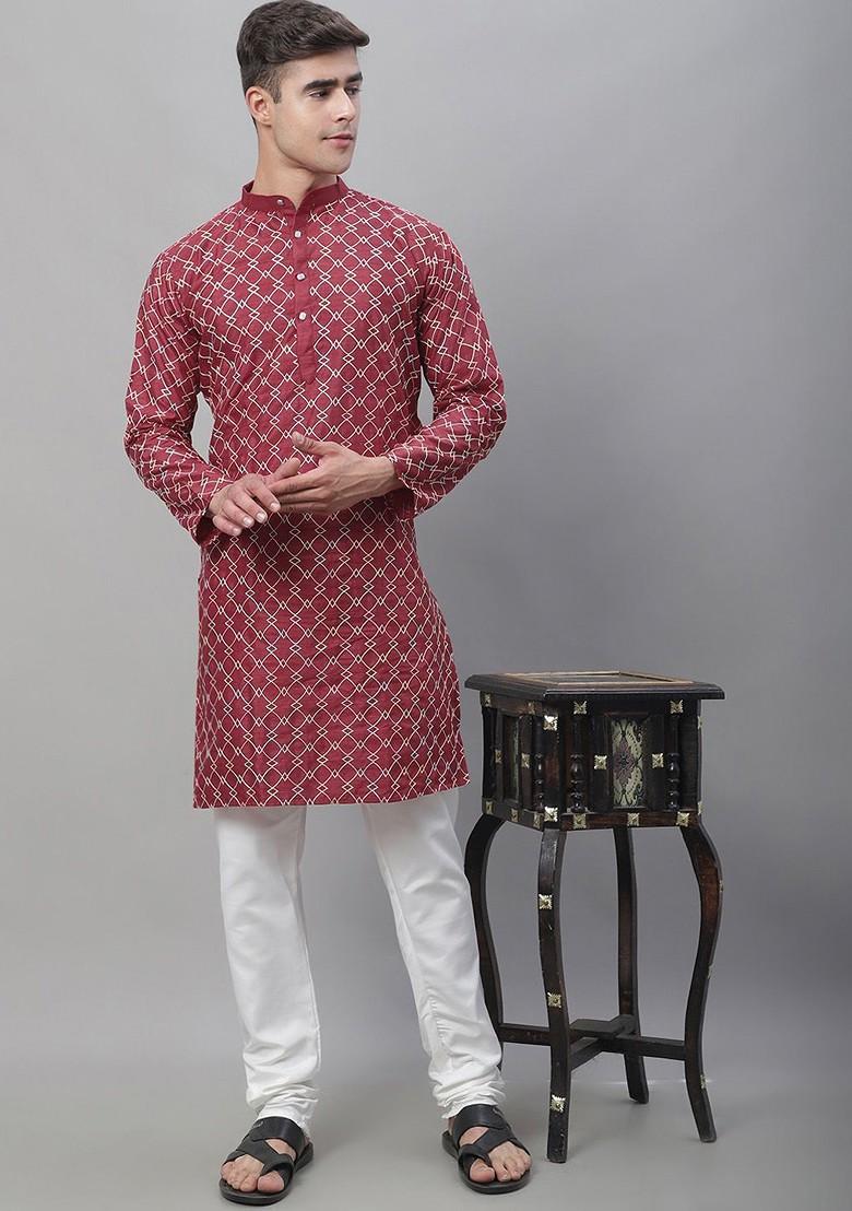Maroon Thread Work Cotton Kurta Set For Men