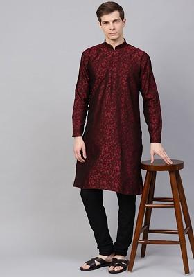 Maroon Woven Jacquard Kurta Set For Men
