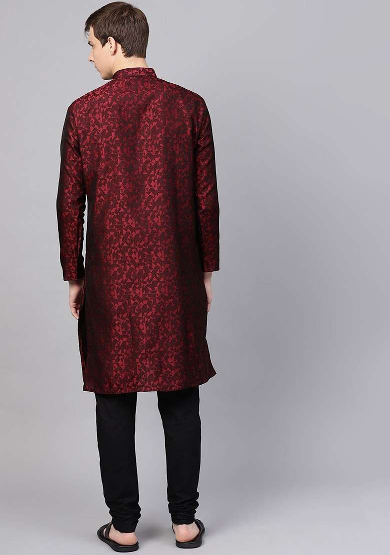 Maroon Woven Jacquard Kurta Set For Men - Indya