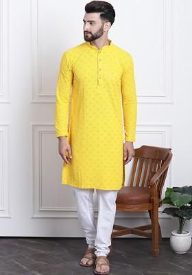 Yellow Embroidered Cotton Kurta Set For Men