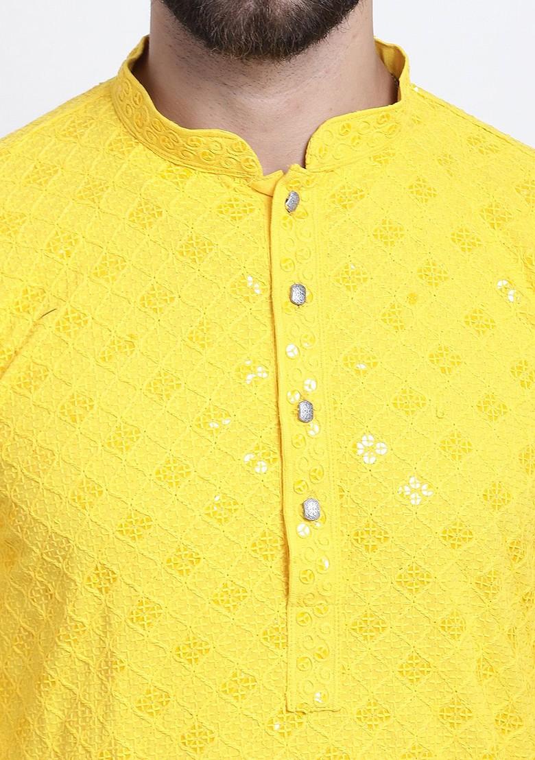 Yellow Embroidered Cotton Kurta Set For Men