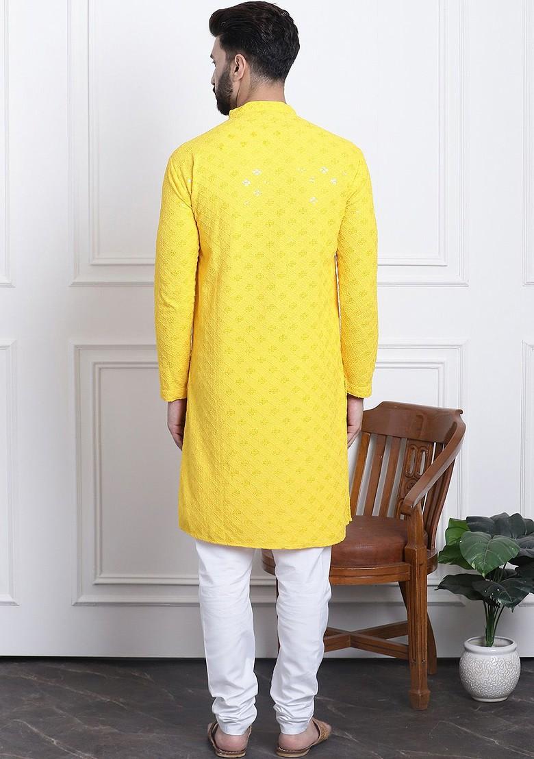 Yellow Embroidered Cotton Kurta Set For Men