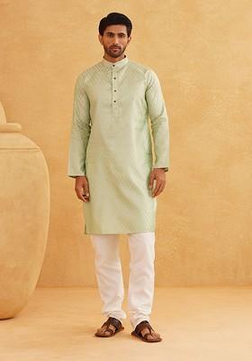 Green Woven Poly Blend Kurta Set For Men