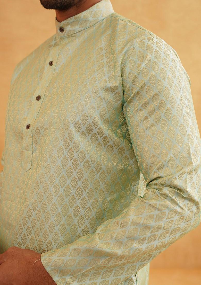 Green Woven Poly Blend Kurta Set For Men