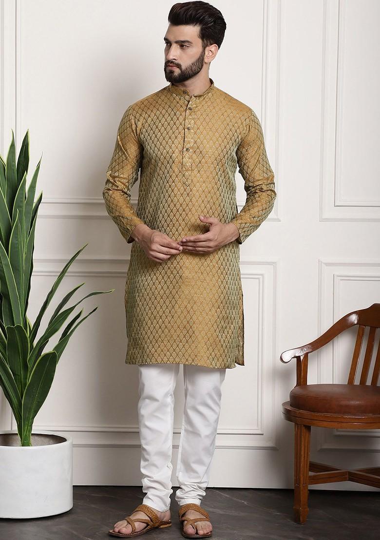 Gold Woven Poly Blend Kurta Set For Men