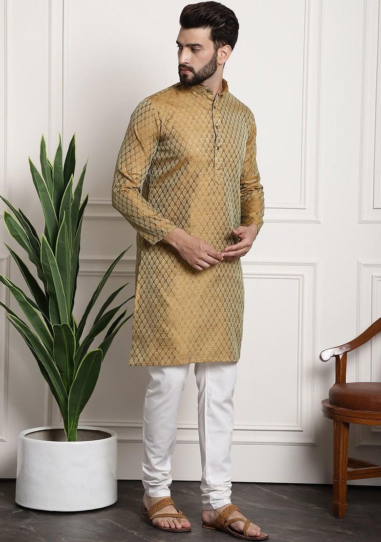 Gold Woven Poly Blend Kurta Set For Men