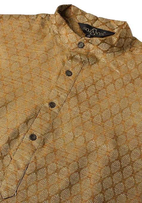 Gold Woven Poly Blend Kurta Set For Men