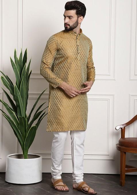 Gold Woven Poly Blend Kurta Set For Men