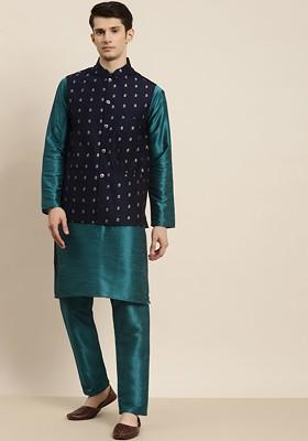 Teal Blue Solid Poly Blend Kurta Set For Men
