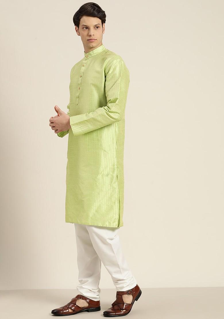 Green Woven Poly Blend Kurta Set For Men