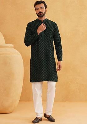Green Embroidered Cotton Kurta Set For Men