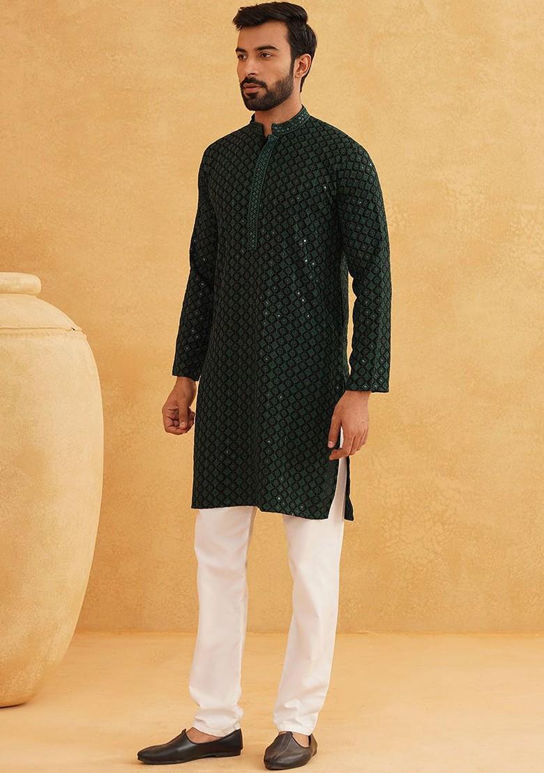 Green Embroidered Cotton Kurta Set For Men