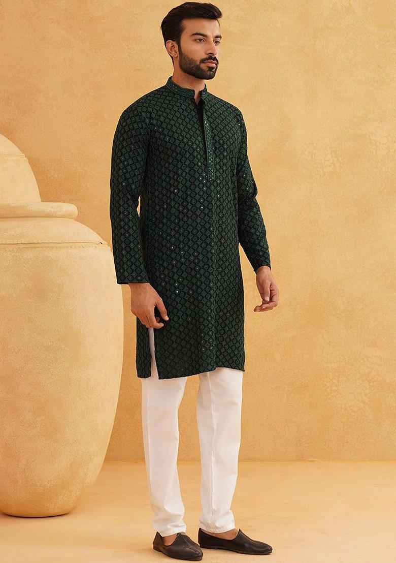 Green Embroidered Cotton Kurta Set For Men