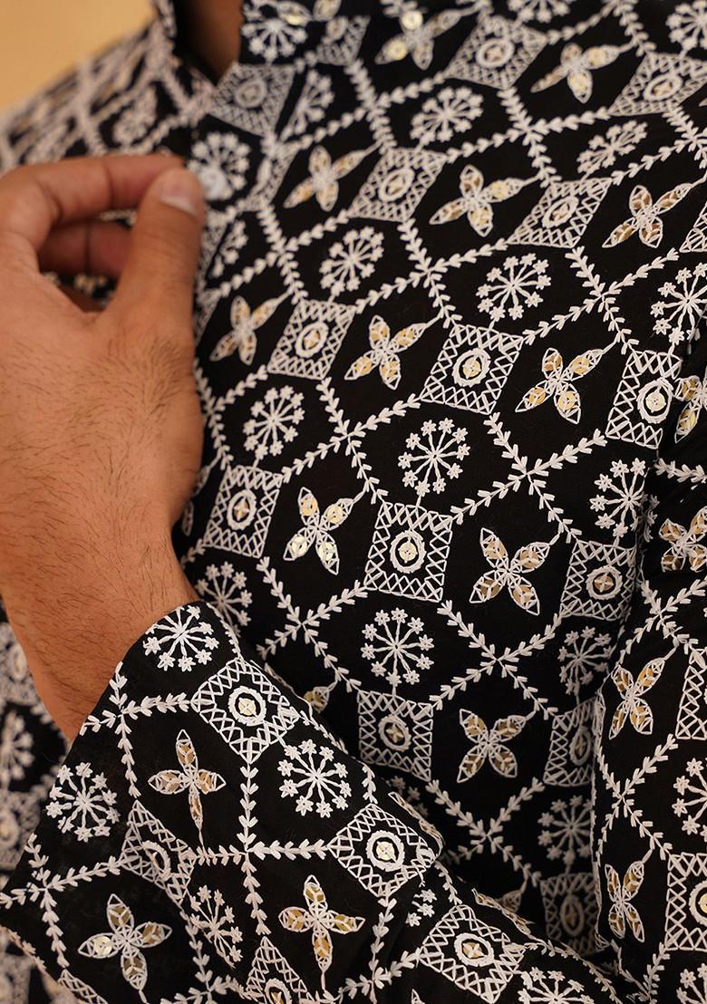 Black Embroidered Cotton Kurta Set For Men