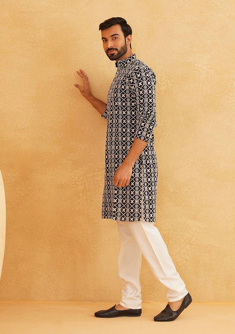 Black Embroidered Cotton Kurta Set For Men