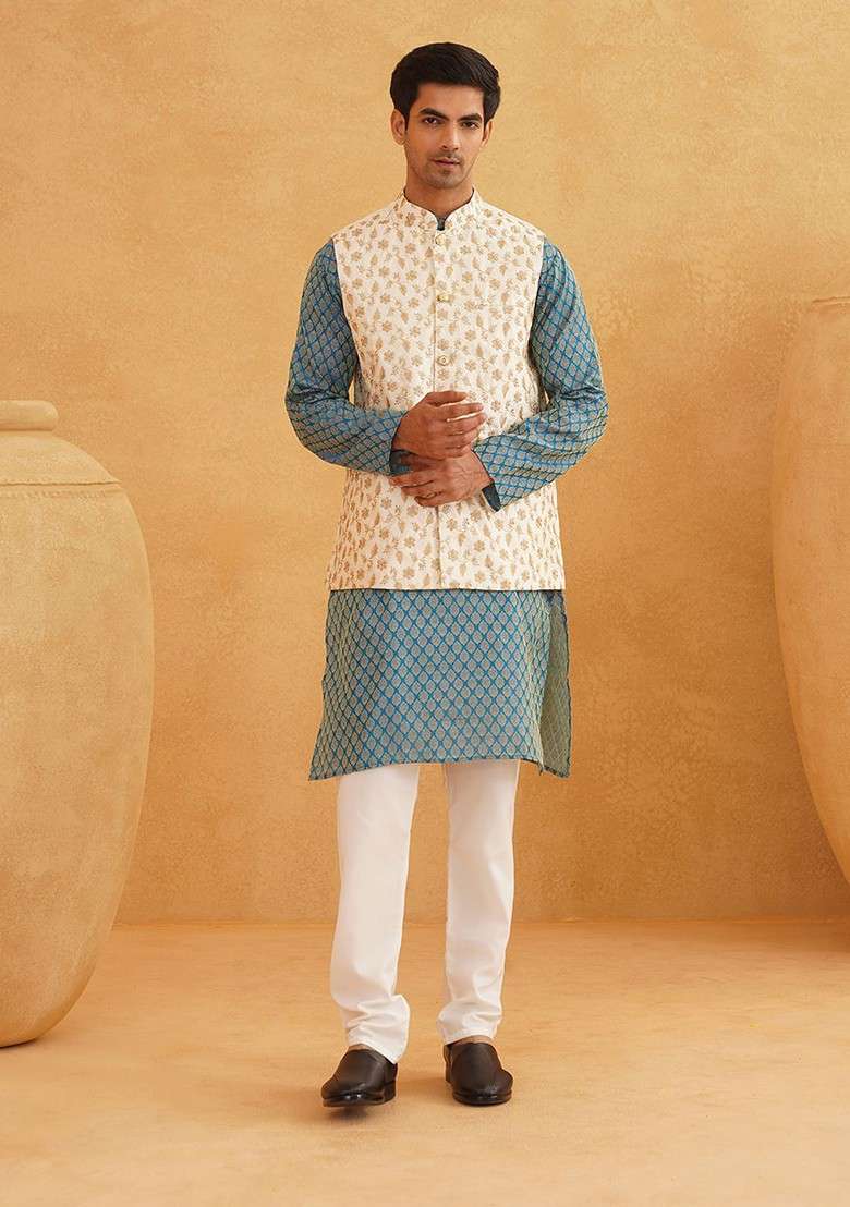 Blue Striped Poly Blend Kurta Set For Men - Indya