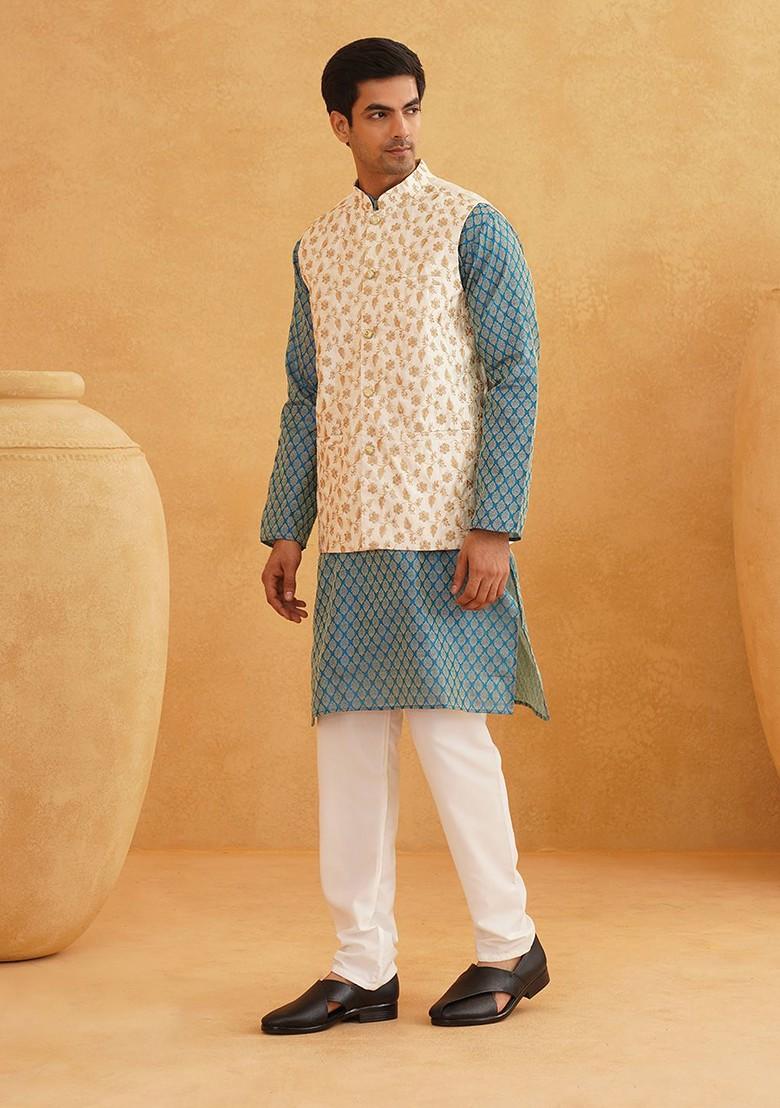 Blue Striped Poly Blend Kurta Set For Men