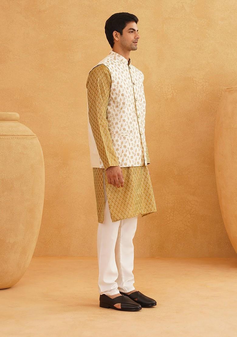 Mustard Ethnic Motifs Cotton Kurta Set For Men