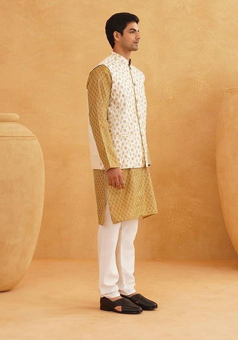Mustard Ethnic Motifs Cotton Kurta Set For Men