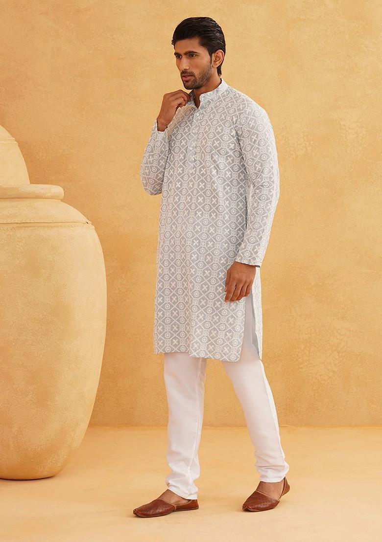 Grey Embroidered Cotton Kurta Set For Men