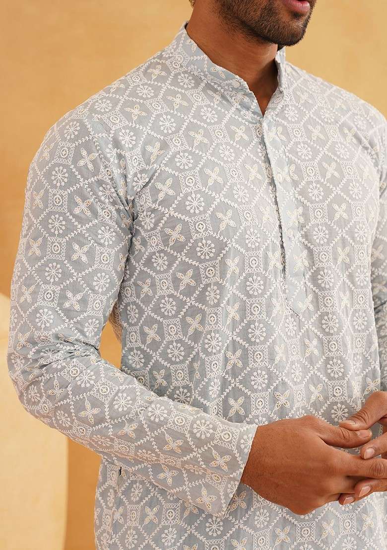 Grey Embroidered Cotton Kurta Set For Men - Indya