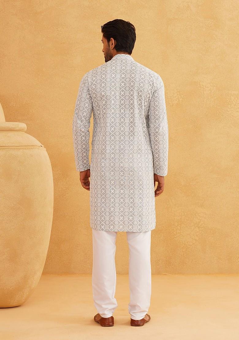 Grey Embroidered Cotton Kurta Set For Men