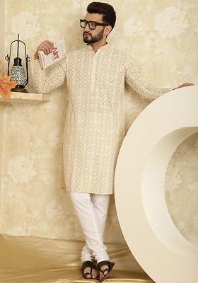 Beige Thread Work Cotton Kurta Set For Men