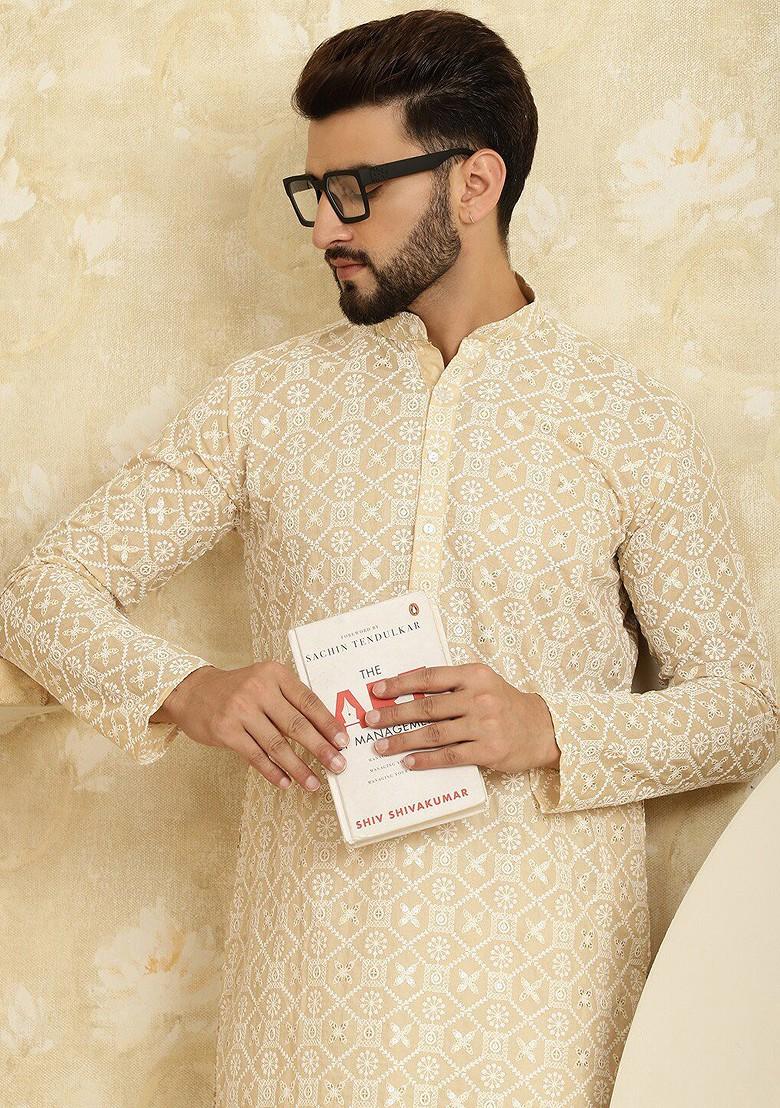 Beige Thread Work Cotton Kurta Set For Men