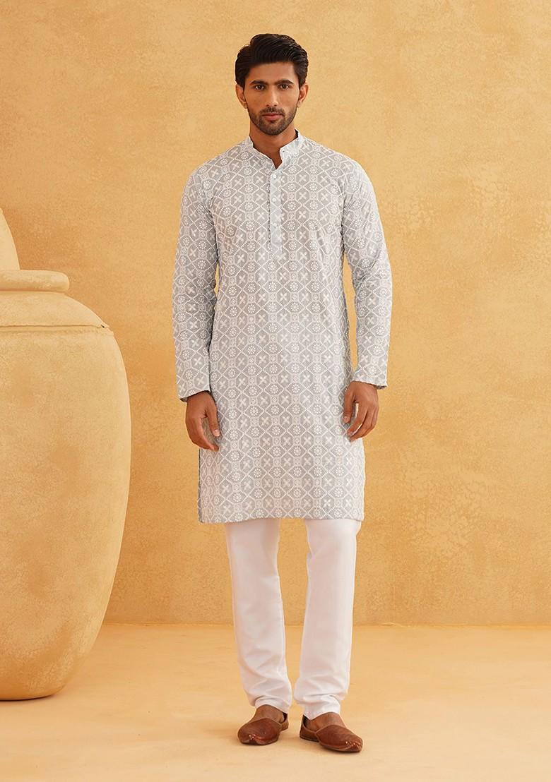 Grey Embroidered Cotton Kurta Set For Men