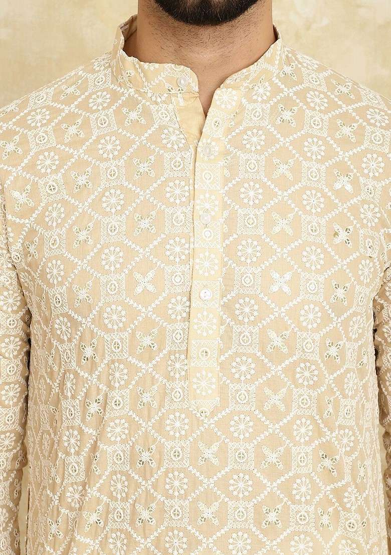 Beige Embroidered Cotton Kurta Set For Men - Indya
