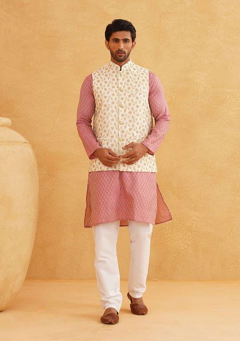 Pink Ethnic Motifs Poly Blend Kurta Set For Men - Indya