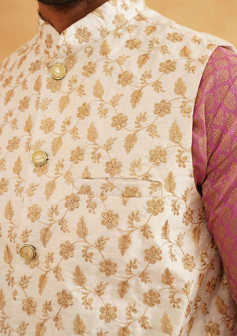 Pink Ethnic Motifs Poly Blend Kurta Set For Men - Indya
