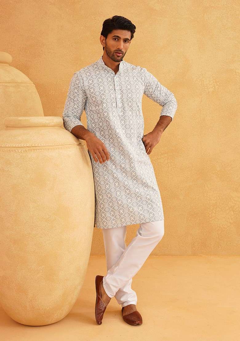 Grey Embroidered Cotton Kurta Set For Men - Indya