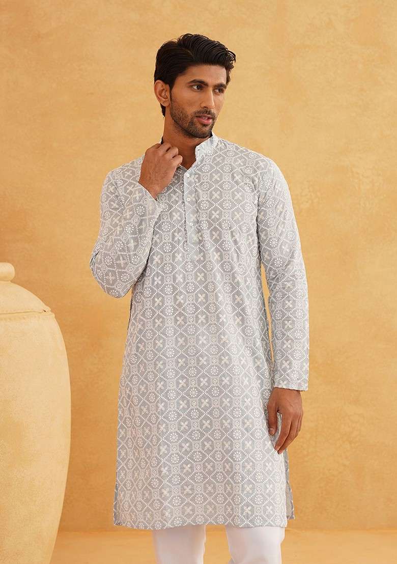 Grey Embroidered Cotton Kurta Set For Men - Indya