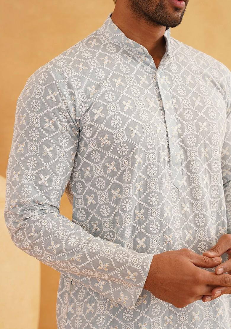 Grey Embroidered Cotton Kurta Set For Men