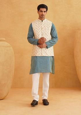 Blue Ethnic Motifs Cotton Kurta Set For Men