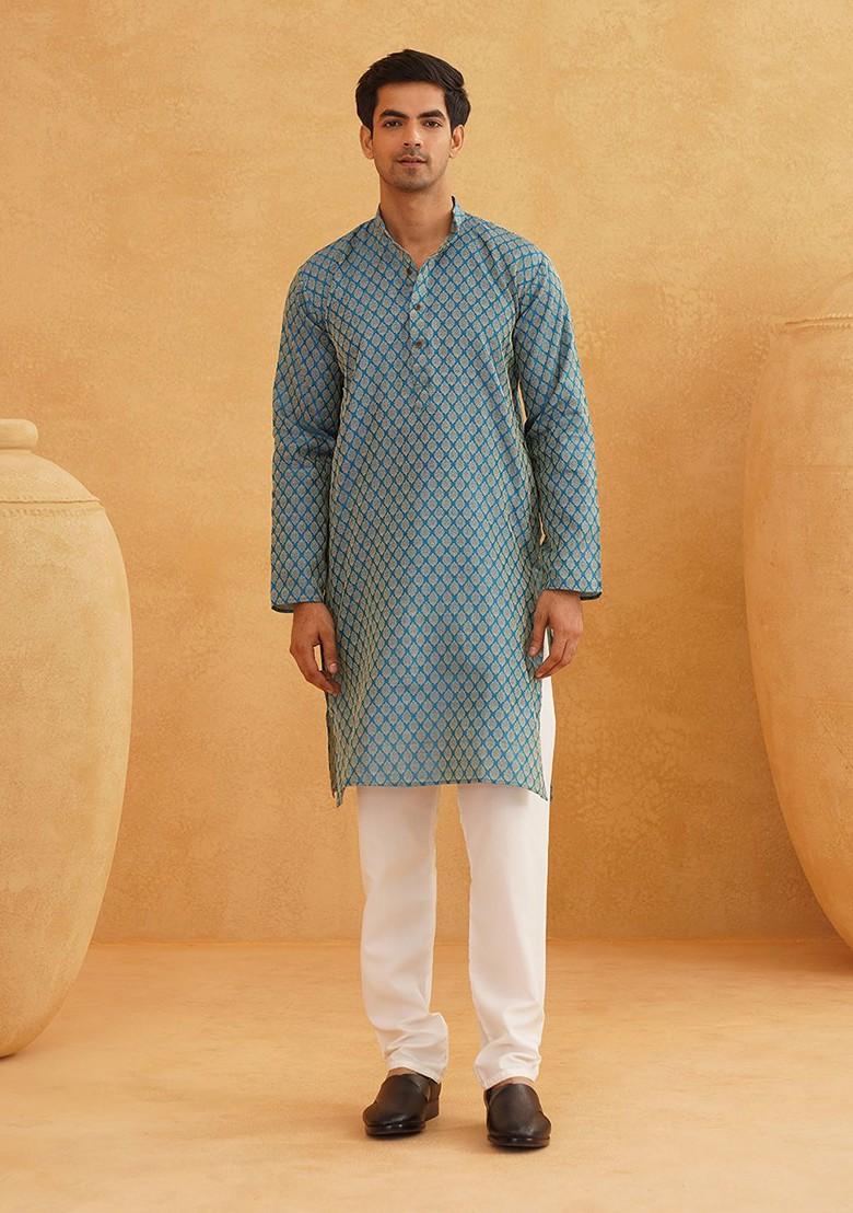 Blue Ethnic Motifs Cotton Kurta Set For Men