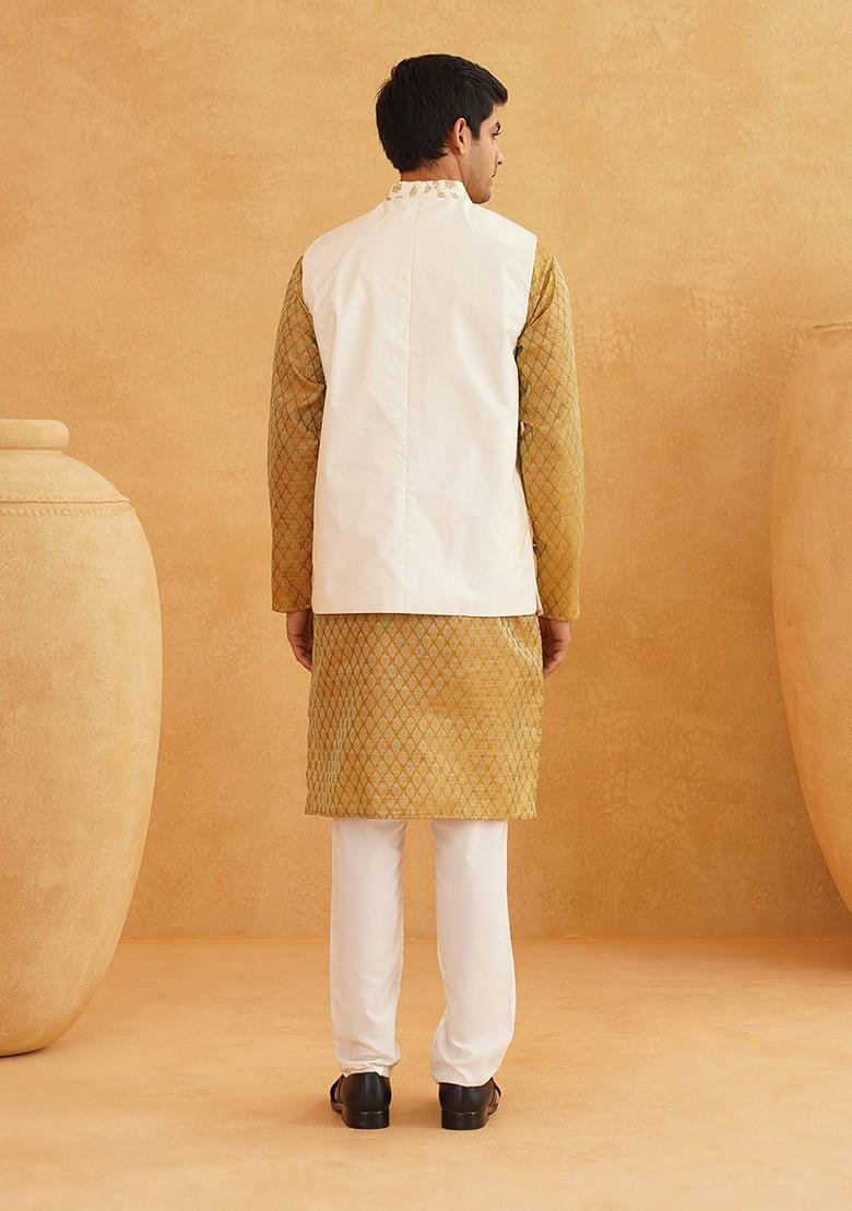 Mustard Ethnic Motifs Poly Blend Kurta Set For Men