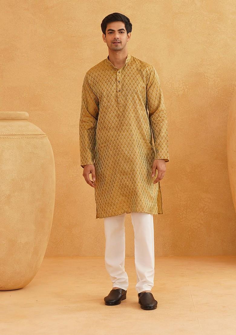 Mustard Ethnic Motifs Poly Blend Kurta Set For Men