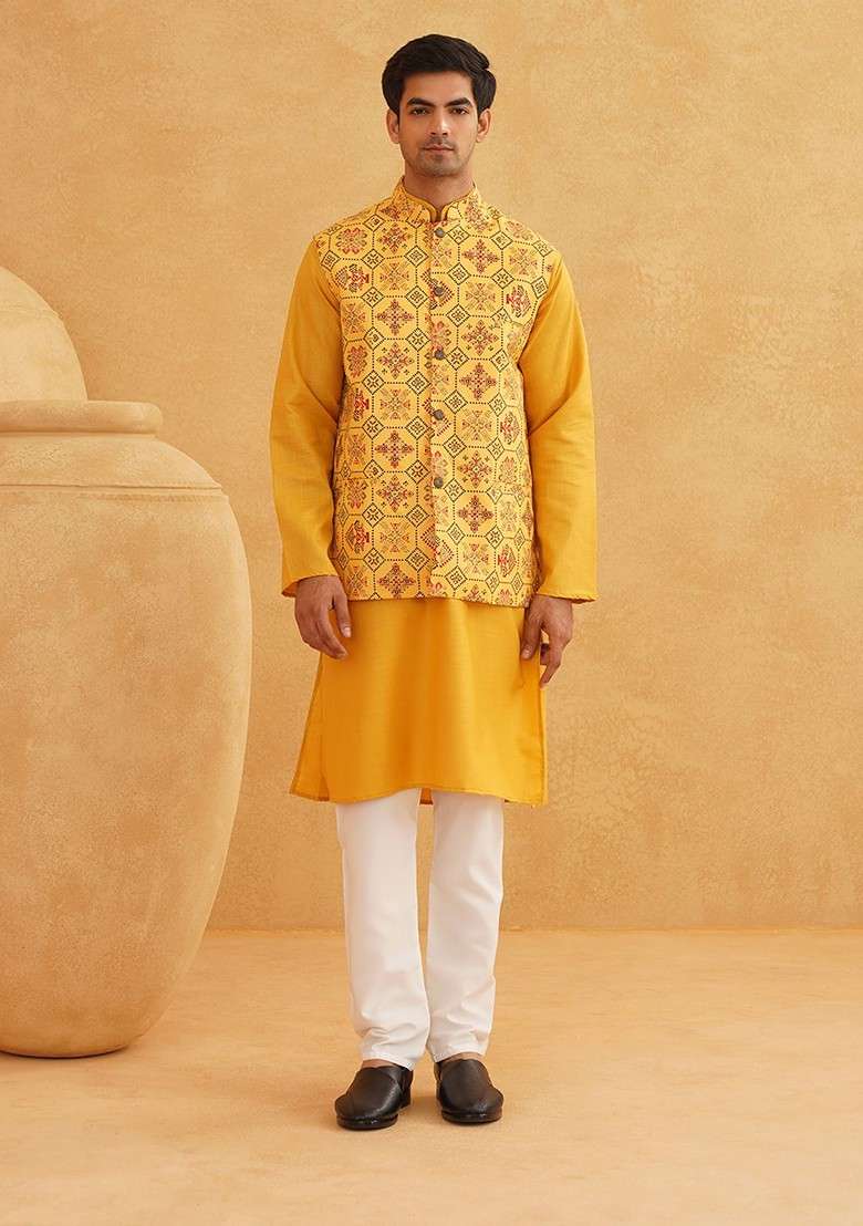 Mustard Printed Cotton Kurta Set For Men - Indya