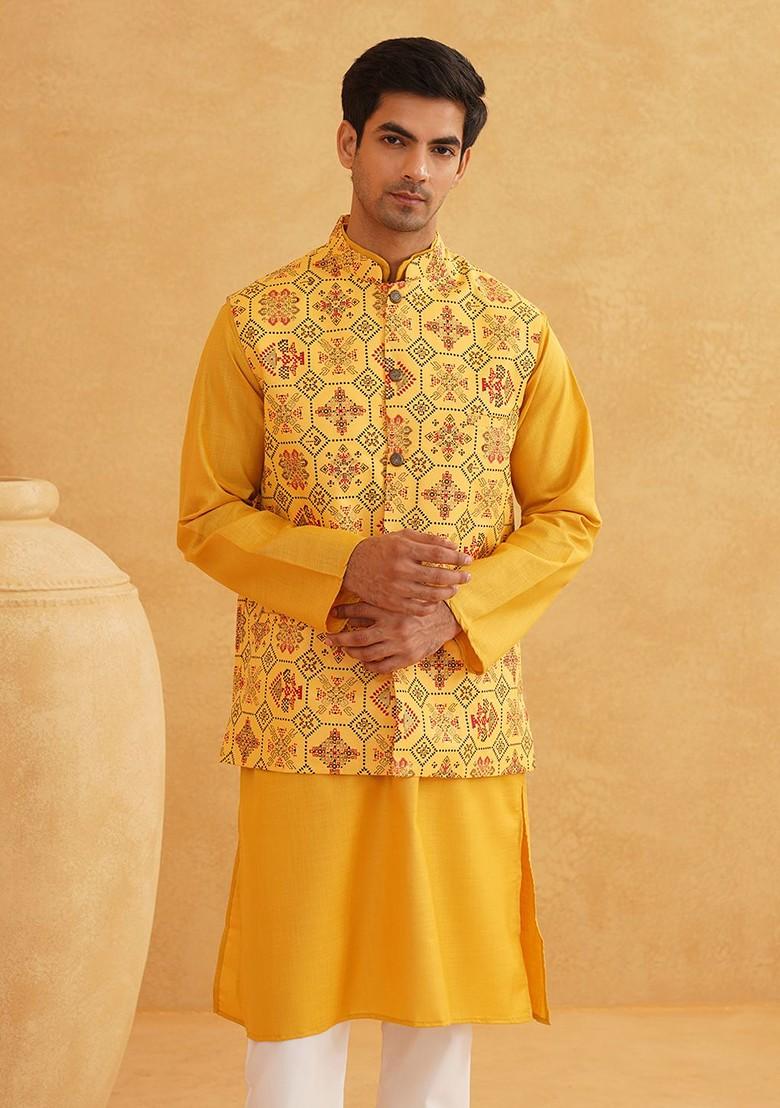 Mustard Printed Cotton Kurta Set For Men
