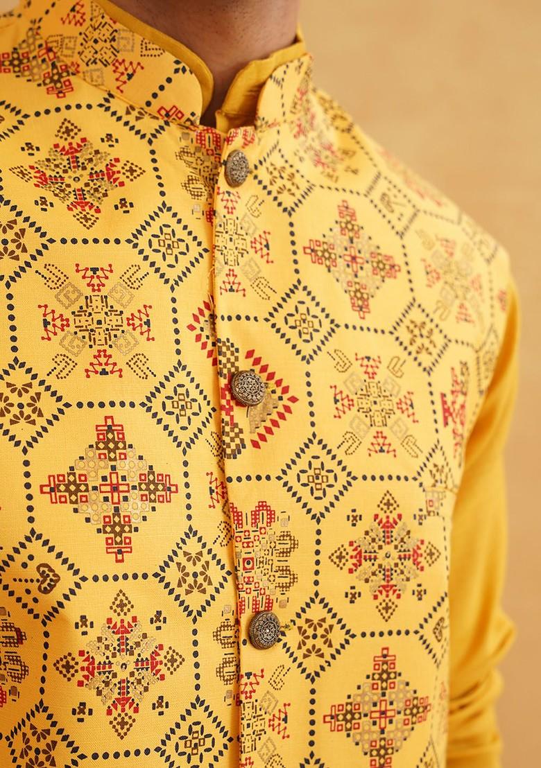 Mustard Printed Cotton Kurta Set For Men