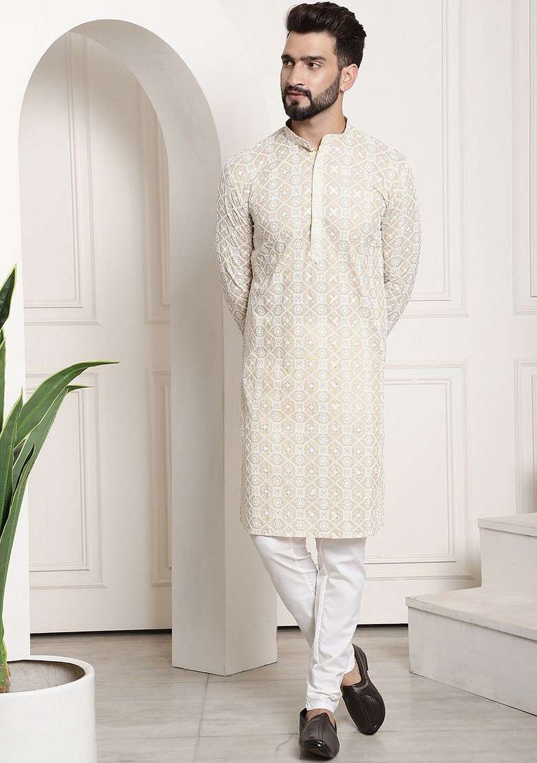 Beige Embroidered Cotton Kurta Set For Men - Indya
