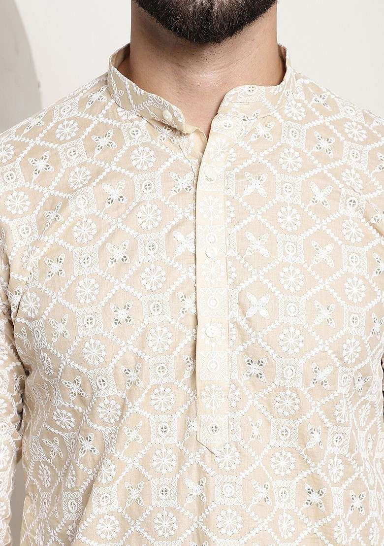 Beige Embroidered Cotton Kurta Set For Men - Indya