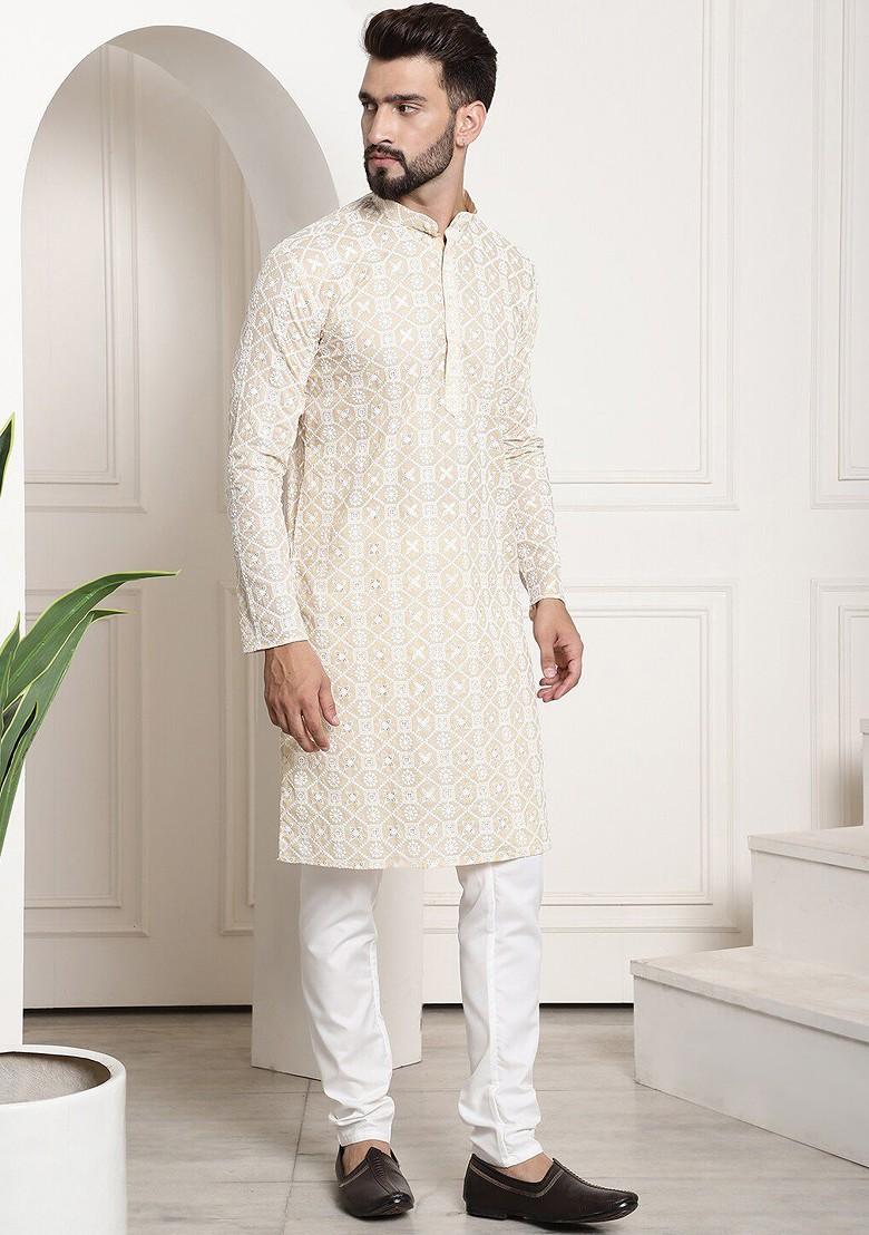 Beige Embroidered Cotton Kurta Set For Men