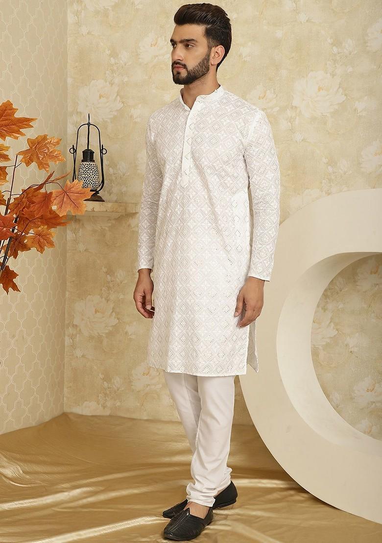 White Embroidered Cotton Kurta Set For Men