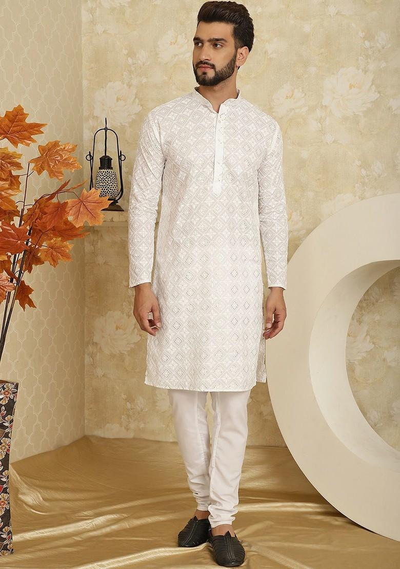 White Embroidered Cotton Kurta Set For Men