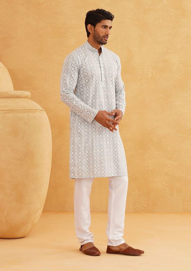 Grey Thread Work Cotton Kurta Set For Men